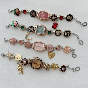 Vintage Design Charm Watch Bracelet | Unique Button Bead Bracelets | Colorful Wrist Watch | Handmade Floral and Gemstone Bracelets,Gift idea