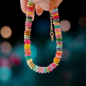 Rainbow Gemstone Bracelet | Bright Handmade Beaded Bracelet with 14k Gold | Colorful Stacking Jewelry for Her